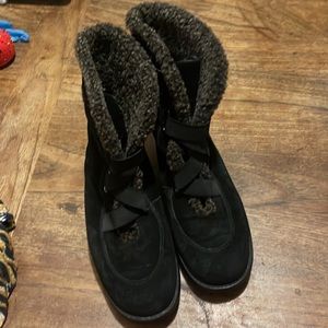 Stuart Weitzman black suede elastic laced slip on winter boots.